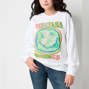 NIRVANA Size M, White Sweatshirt W/Vibrant Graphic Nevermind & Smiley Face New.